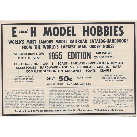 E and H Model Hobbies Railroad Vintage Print Ad Original 1954 Philadelphia PA - Picture 1 of 1